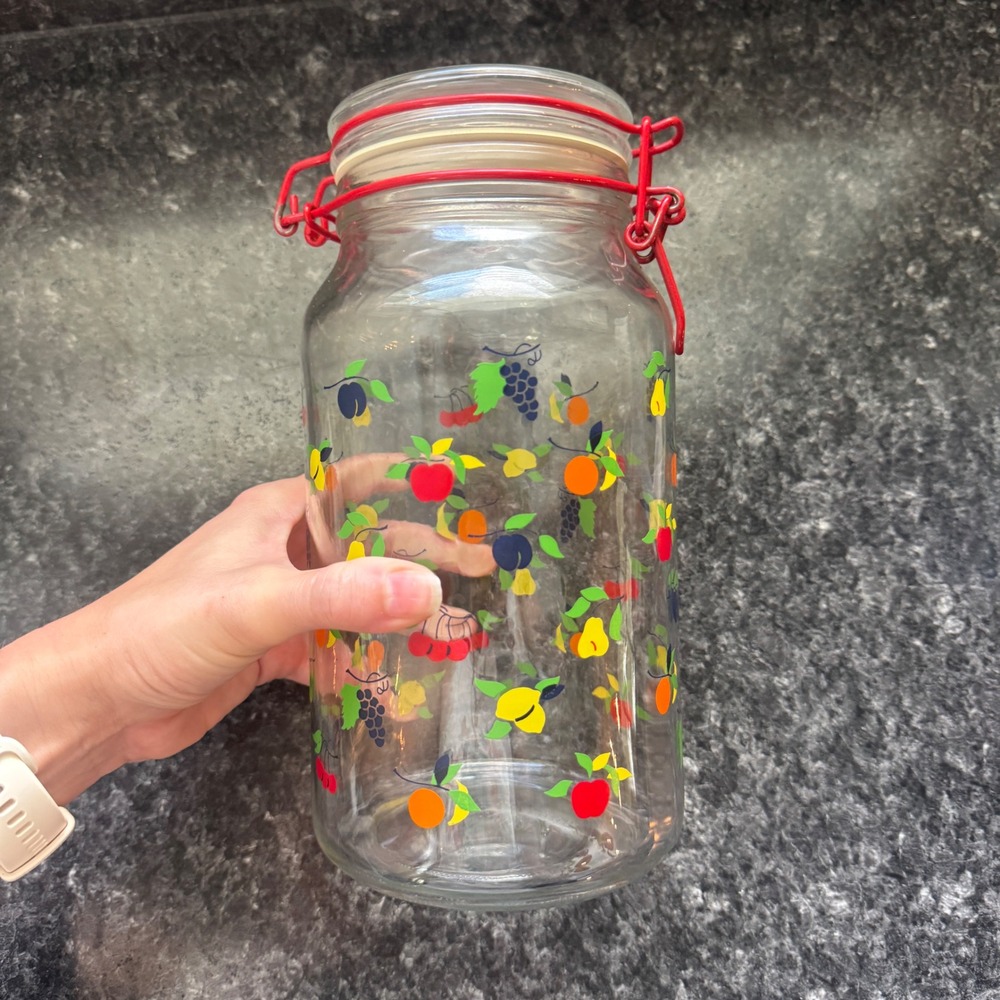 Vintage Anchor Hocking Large Fruit Print Glass Jar Red Wire Bail Lid Canister